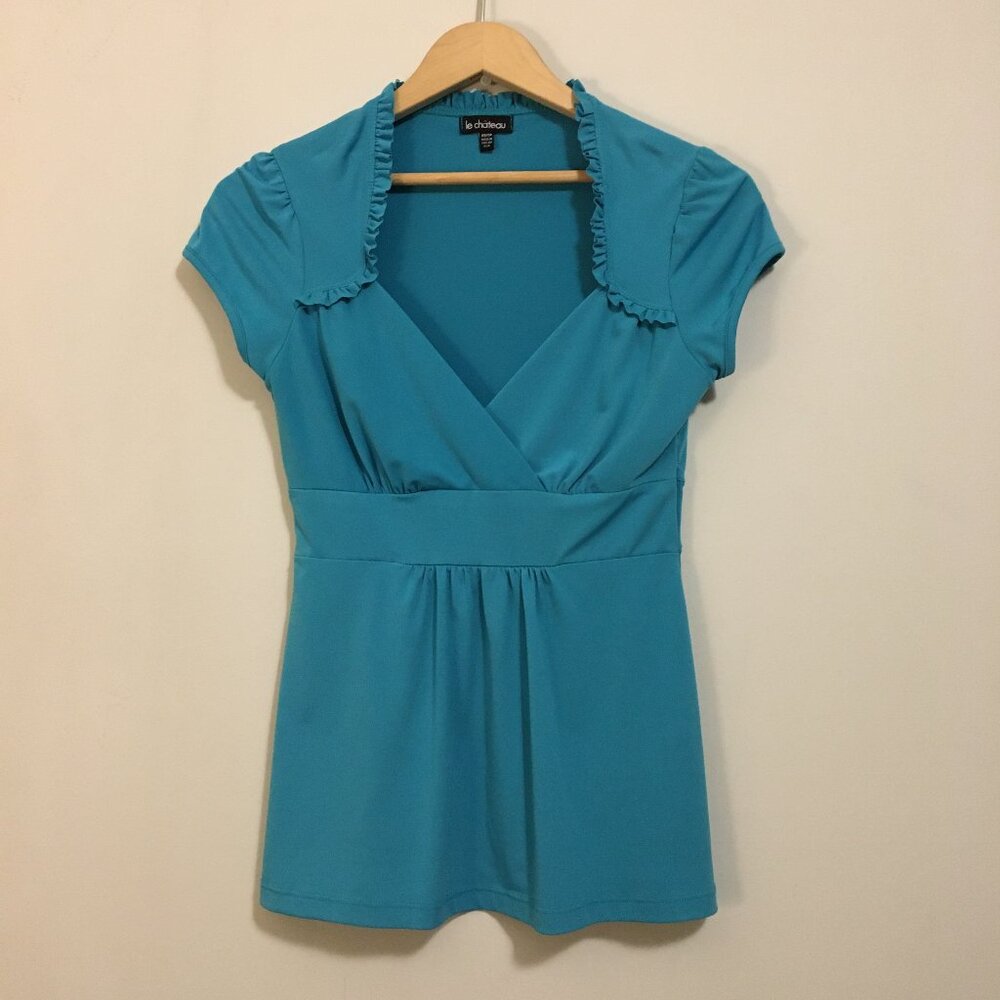 Vintage 90s Le Chateau Made in USA Turquoise Ruffle Wrap Top Archival XS